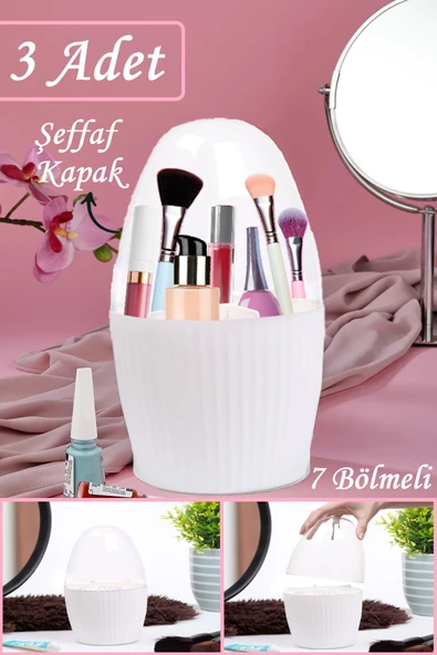 3 Adet 7 Bölmeli Makyaj Fırçası Ve Kozmetik Düzenleyici Şeffaf Kapaklı Toparlayıcı Organizer Beyaz