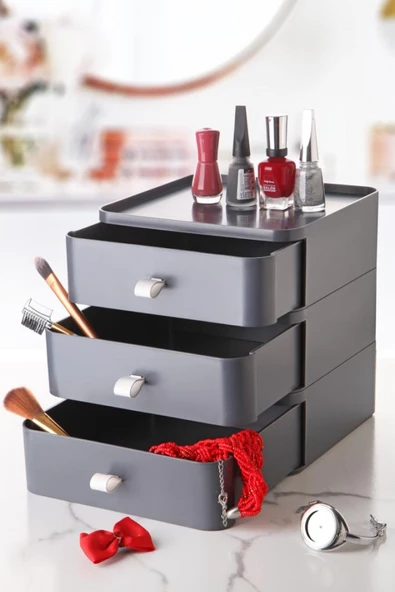 Gri 3 Katlı Çekmece Masa Üstü Organizer Makyaj Takı Kutusu Aksesuar Düzenleyici Toparlayıcı - 2