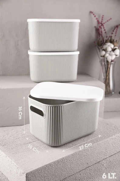 6 Adet Storage 6.2 lt Gri Çok Amaçlı Dolap İçi Düzenleyici Kapaklı Kutu Dekoratif Saklama Kutusu - 5