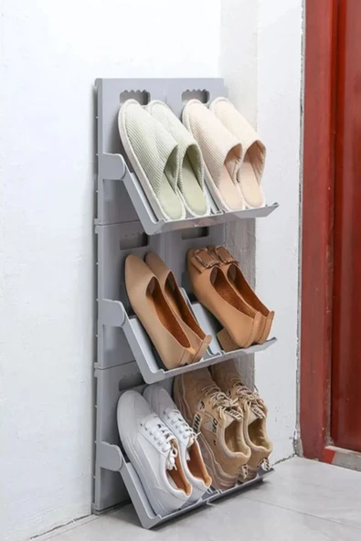 10 Adet Lyon Gri Ayakkabı Rafı Dikey İstiflenebilir Çok Katmanlı Yerden Tasarruflu Raf - Resim 3