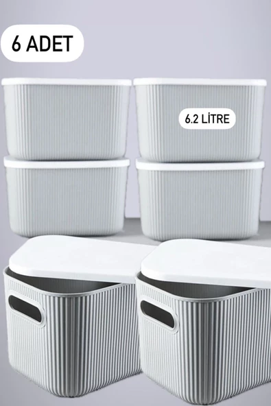 6 Adet Storage 6.2 lt Gri Çok Amaçlı Dolap İçi Düzenleyici Kapaklı Kutu Dekoratif Saklama Kutusu