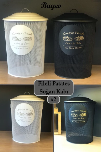 Pato Fileli Siyah Beyaz 2 Adet Patates Soğan Kovası Sepeti Kabı Kutusu Ekonomik Boy Kapaklı Çöp