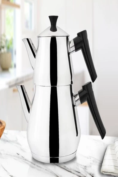 Piramit Çelik Çaydanlık Bakalit Kulp Şık Çaydanlık Takımı Siyah Aile Boyu - Resim 2