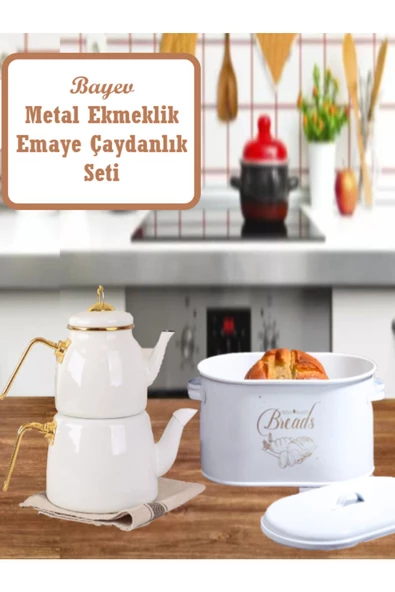 Ramazana Özel İftar Seti Beyaz Metal Ekmeklik Emaye Çaydanlık Sofra Seti
