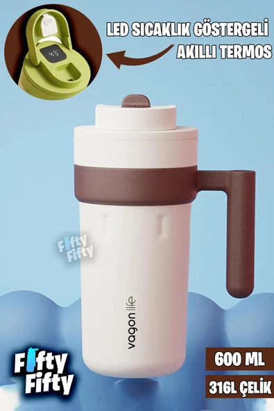 Vagonlife 600 ML LED Sıcaklık Göstergeli Akıllı Çelik Termos Kulplu -Kahve Bardağı-Mug-FFVGN2009 - 2