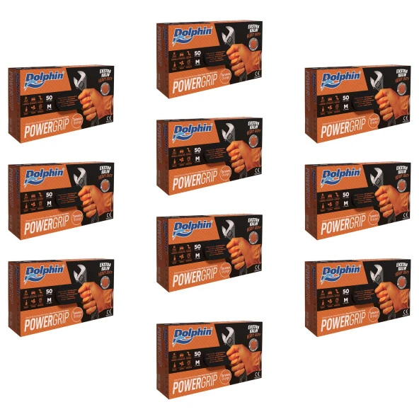 Dolphin Nitril PowerGrip Ekstra Kalın Elmas Dokulu Eldiven Turuncu Meidum Orta Boy - 50'li 10 Paket