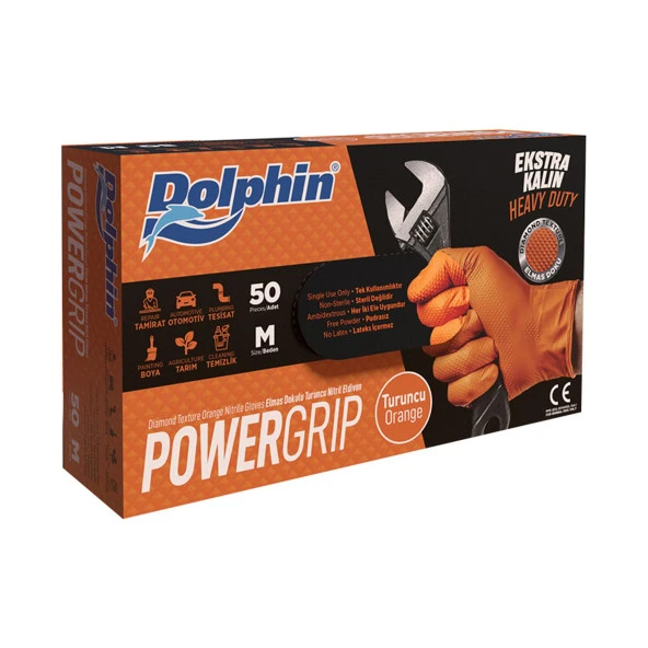 Dolphin Nitril PowerGrip Ekstra Kalın Elmas Dokulu Eldiven Turuncu Meidum Orta Boy - 50'li 10 Paket - Resim 2