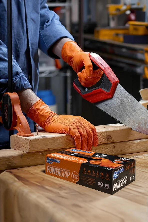 Dolphin Nitril PowerGrip Ekstra Kalın Elmas Dokulu Eldiven Turuncu Meidum Orta Boy - 50'li 10 Paket - Resim 4