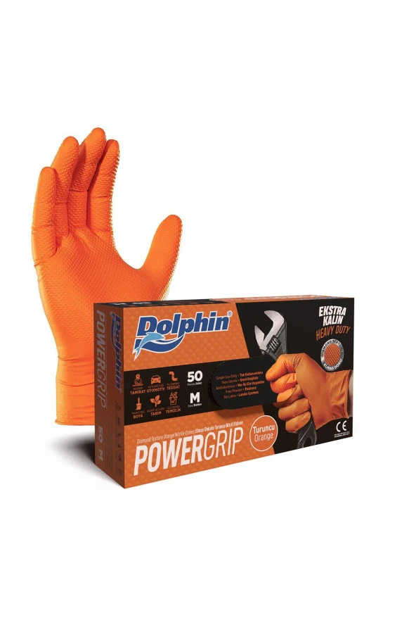 Dolphin Nitril PowerGrip Ekstra Kalın Elmas Dokulu Eldiven Turuncu Meidum Orta Boy - 50'li 10 Paket - Resim 6