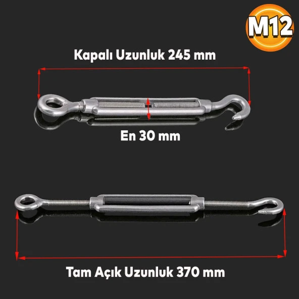Gerdirme Çelik Kanca Yük Halat Galvenizli Paslanmaz M12 - 2