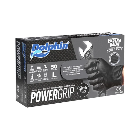 Dolphin Nitril PowerGrip Ekstra Kalın Elmas Dokulu Eldiven Siyah Large Büyük Boy - 50'li Paket