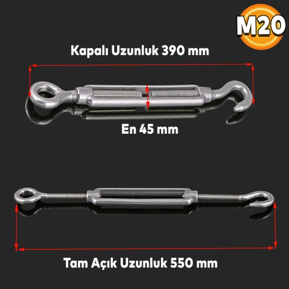 Gerdirme Çelik Kanca Yük Halat Galvenizli Paslanmaz M20 - 2