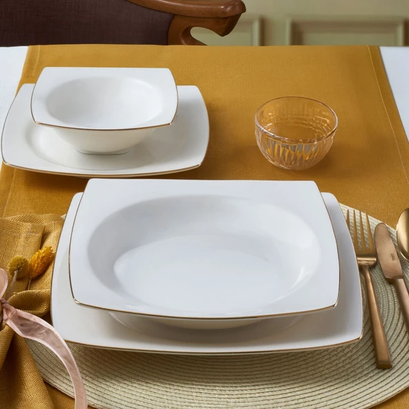 GÜRAL PORSELEN Caroline 16 Parça 4 Kişilik Kare Bone Yemek Takımı Altın ürün görseli 1