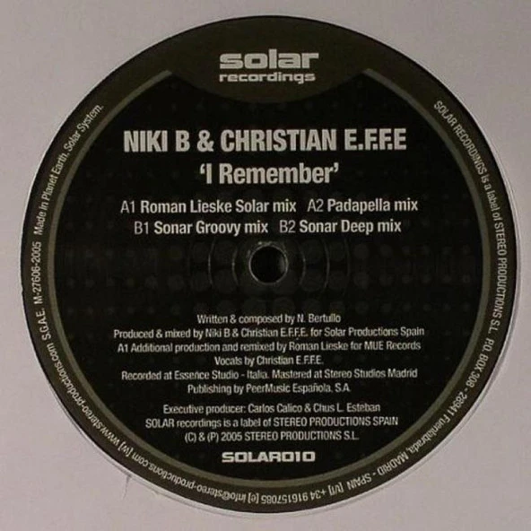 Niki B & Christian E.F.F.E* – I Remember - Tribal, Tech House Vinly Plak alithestereo