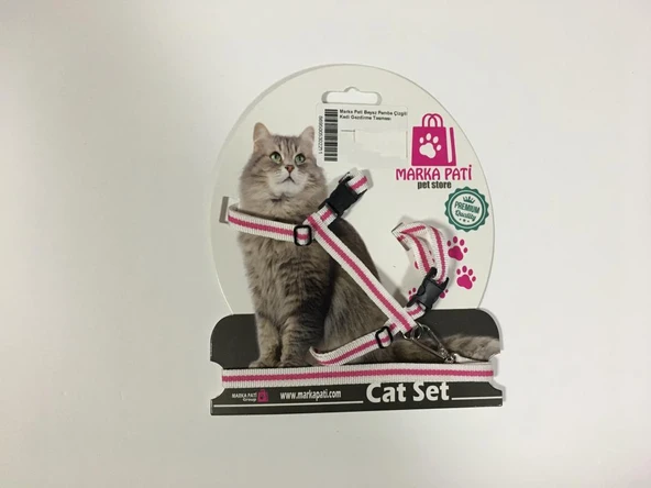 Marka Pati Beyaz Pembe Çizgili Kedi Gezdirme Tasması ürün görseli