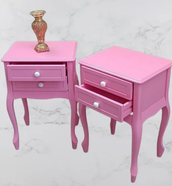 Komodin 2Adet 90358 Klasik Kayın Aslan Ayak Parlak Pembe Lake Çift Çekmc El Yapım - 4