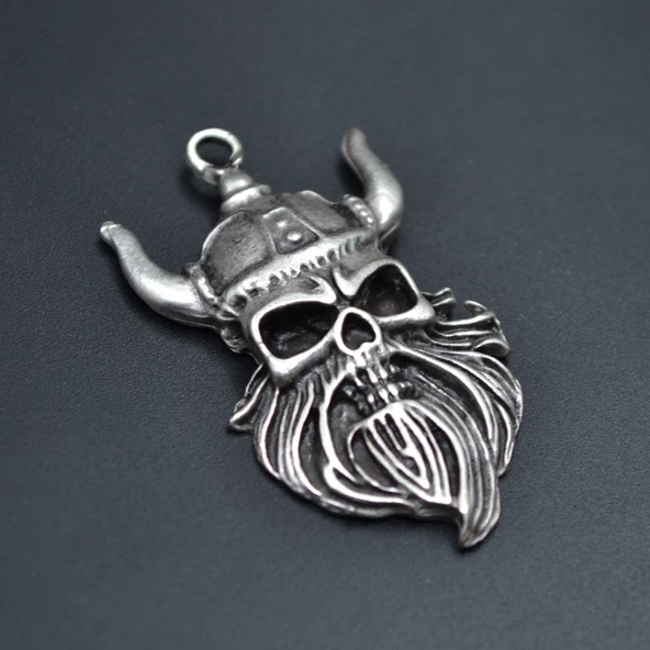 Viking Sakallı Kuru Kafa Kolye Ucu - Antik Gümüş Kaplama - Kod:103 ürün görseli