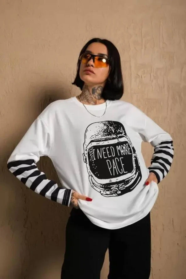 Unisex Uzun Kollu Çizgili Penye T-Shirt - Beyaz
