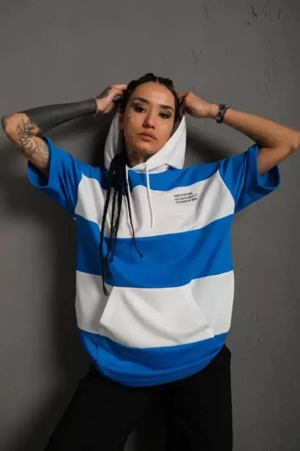 Unisex Kapüşonlu Kanguru Cepli T-Shirt - Mavi
