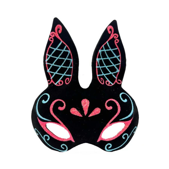 Siyah Renk Mavi Kırmızı Simli Siyah Süet Kaplama Tavşan Maskesi 18x16 cm ürün görseli 1