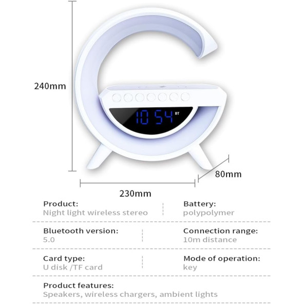 TT BT-3401 G-Tasarımlı RGB Kablosuz Şarj Özellikli Dijital Saatli Bluetooth Hoparlör USB /FM /TF Kart /AUX - 5