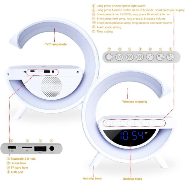 TT BT-3401 G-Tasarımlı RGB Kablosuz Şarj Özellikli Dijital Saatli Bluetooth Hoparlör USB /FM /TF Kart /AUX - 7