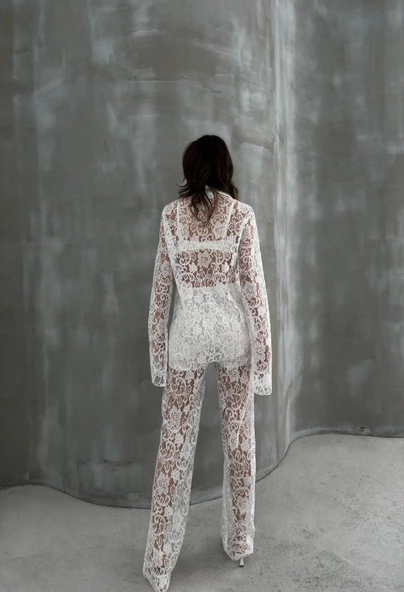 Beyaz Dantel Gömlek Pantolon Takım - 6