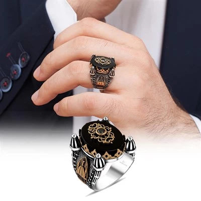 Cami Motifli Siyah Oniks Taş 925 Gümüş Erkek Yüzük - 5