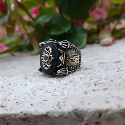 Cami Motifli Siyah Oniks Taş 925 Gümüş Erkek Yüzük - 3