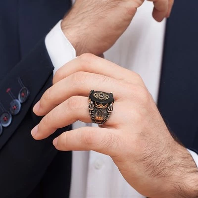 Cami Motifli Siyah Oniks Taş 925 Gümüş Erkek Yüzük - 12