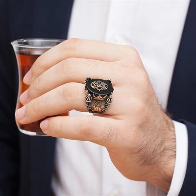 Cami Motifli Siyah Oniks Taş 925 Gümüş Erkek Yüzük - 9