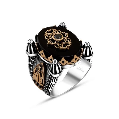 Cami Motifli Siyah Oniks Taş 925 Gümüş Erkek Yüzük - 2