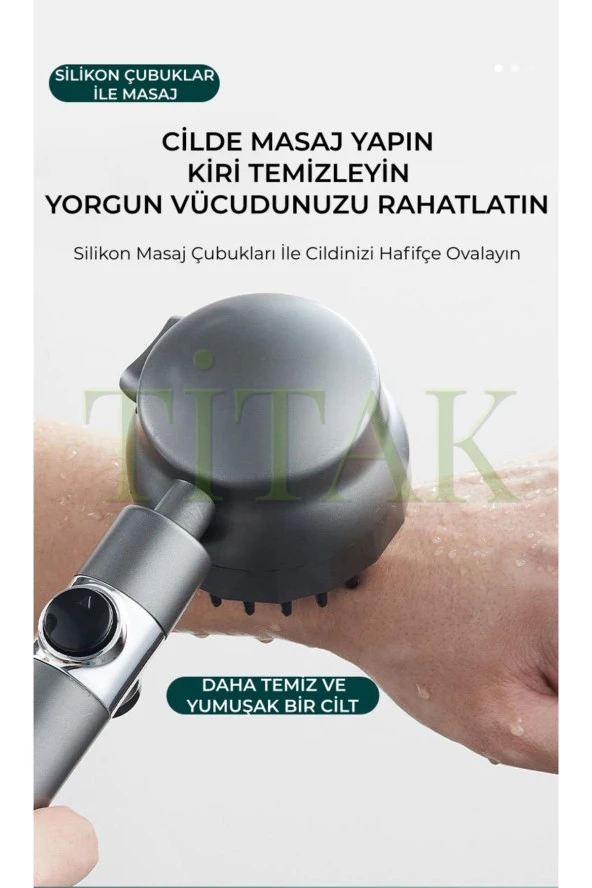 3 Kademeli Masajlı Aç-Kapa Tuşlu Su Tasarruflu Siyah Banyo Duş Başlığı - 3