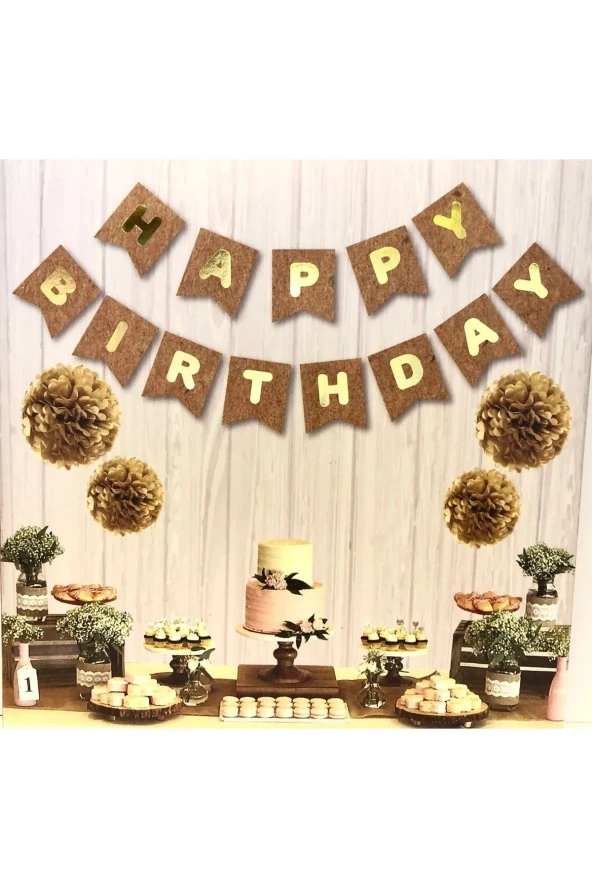 Kraft Karton Üstüne Gold Altın Sarısı Yaldızlı Happy Birthday Yazılı Doğum Günü Partisi Yazı Banner