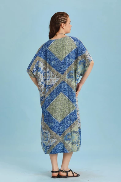 V Yaka Önü Düğümlü Mavi Yarasa Kol Elbise - 5