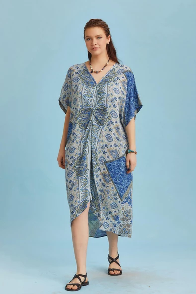 V Yaka Önü Düğümlü Mavi Yarasa Kol Elbise - 3