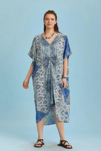 V Yaka Önü Düğümlü Mavi Yarasa Kol Elbise - 4