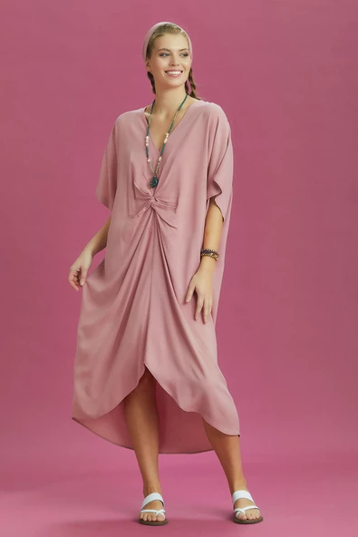 V Yaka Önü Düğümlü Pembe Yarasa Kol Elbise - 2
