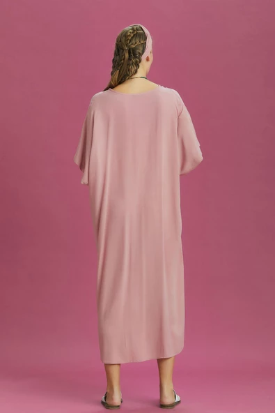 V Yaka Önü Düğümlü Pembe Yarasa Kol Elbise - 5