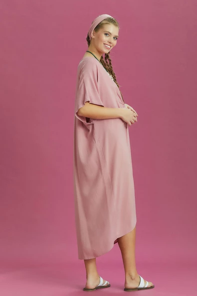 V Yaka Önü Düğümlü Pembe Yarasa Kol Elbise - 4