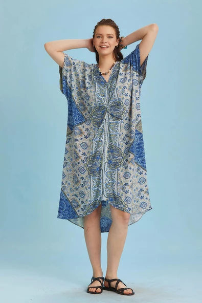 V Yaka Önü Düğümlü Mavi Yarasa Kol Elbise - 2