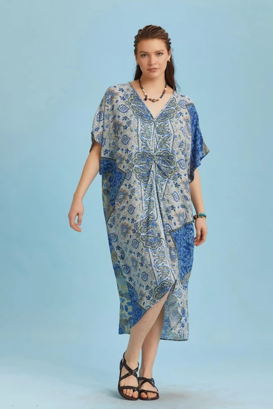 V Yaka Önü Düğümlü Mavi Yarasa Kol Elbise