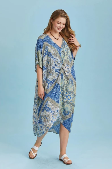 V Yaka Önü Düğümlü Yarasa Kol Büyük Beden Elbise - 3