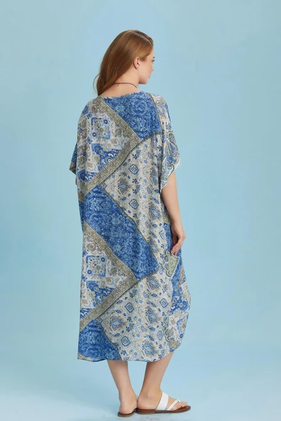 V Yaka Önü Düğümlü Yarasa Kol Büyük Beden Elbise - 5