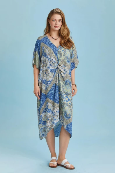 V Yaka Önü Düğümlü Yarasa Kol Büyük Beden Elbise - 2