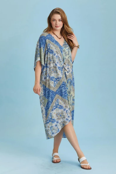 V Yaka Önü Düğümlü Yarasa Kol Büyük Beden Elbise - 4