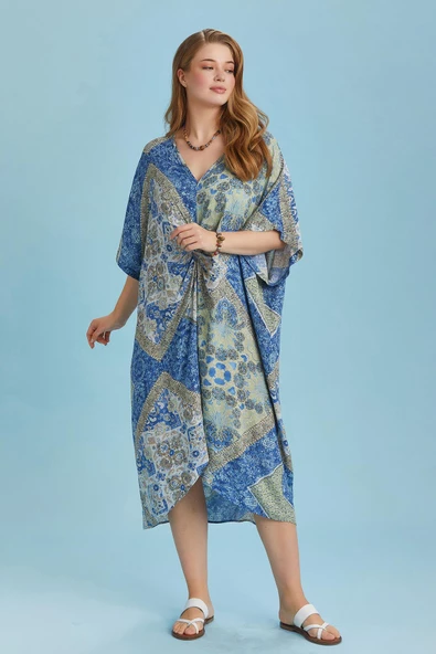 V Yaka Önü Düğümlü Yarasa Kol Büyük Beden Elbise