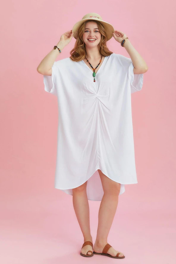 V Yaka Önü Düğümlü Yarasa Kol Büyük Beden Elbise