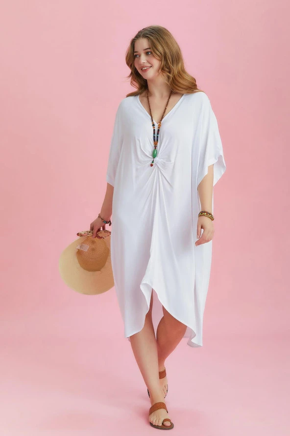 V Yaka Önü Düğümlü Yarasa Kol Büyük Beden Elbise - 2