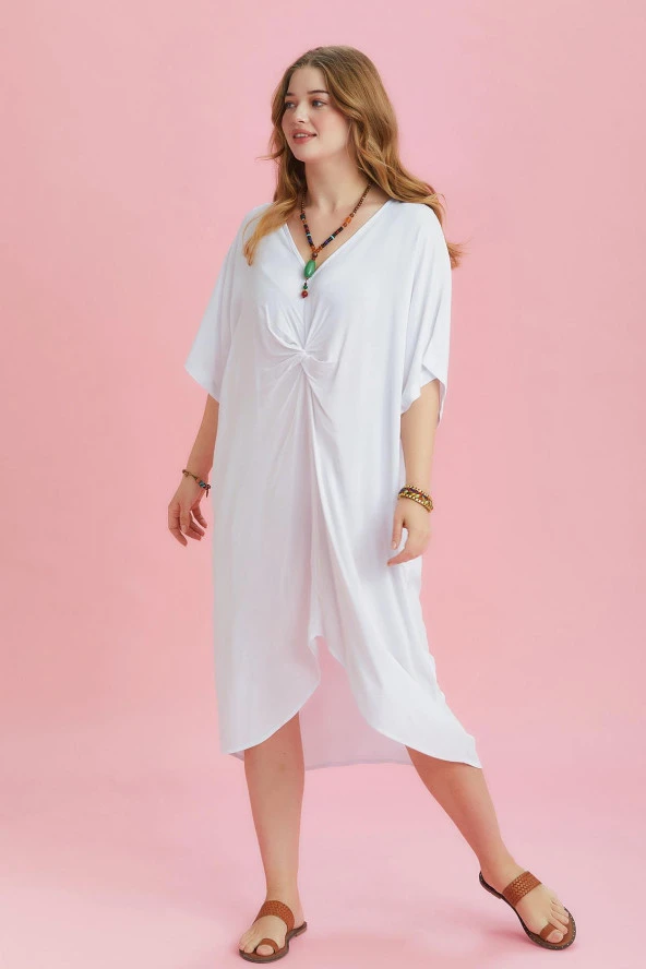 V Yaka Önü Düğümlü Yarasa Kol Büyük Beden Elbise - 3